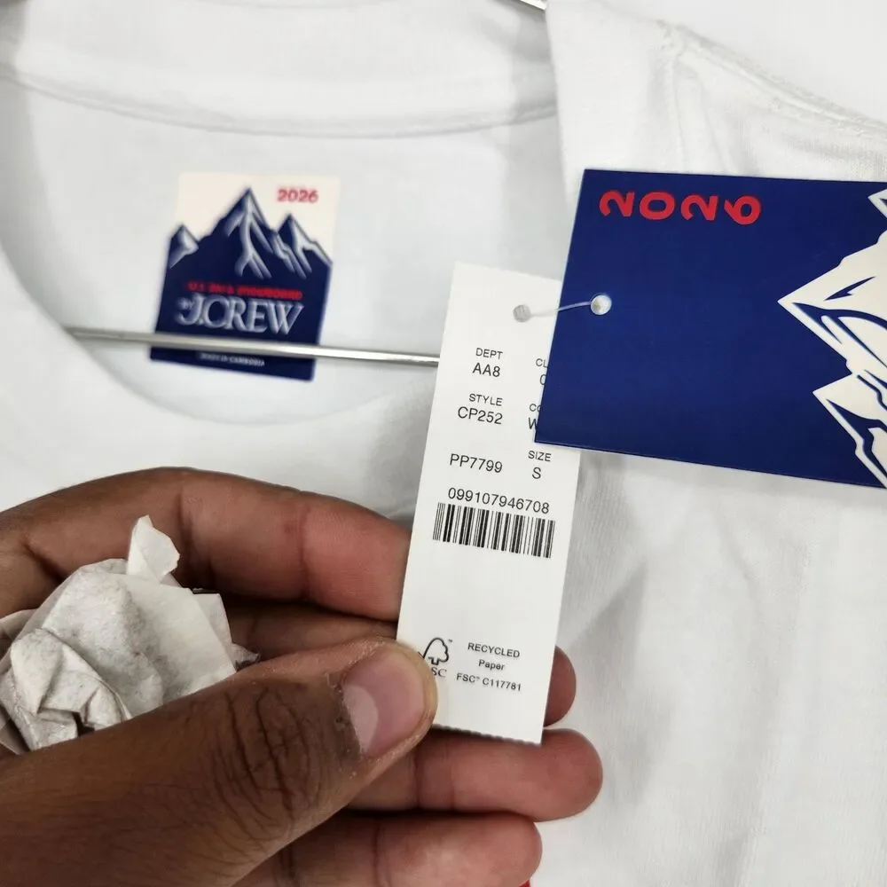 NWT J Crew Men's Small White U.S Ski Long Sleeve Graphic Tee Premium Weight